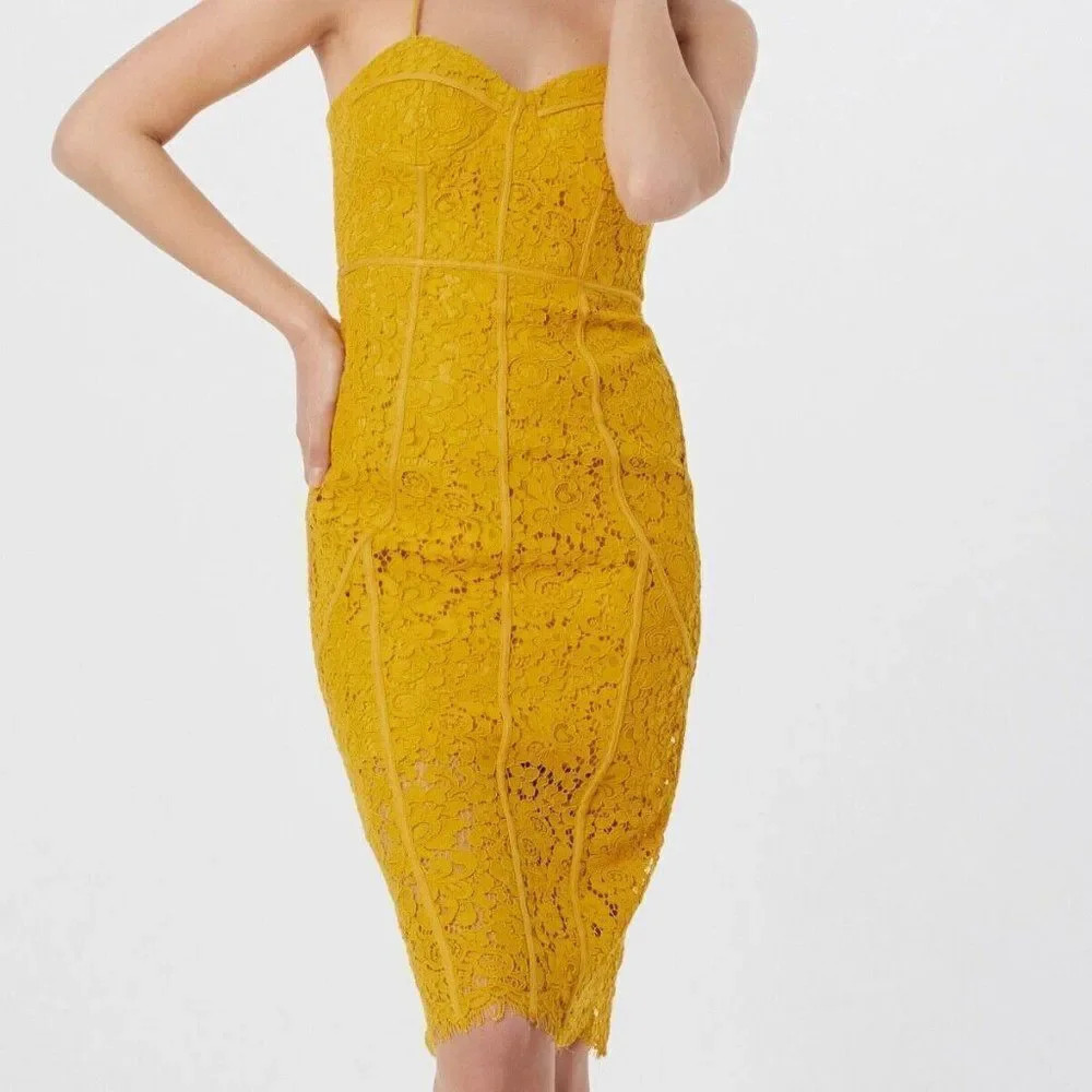 Bardot Corset Lace Midi Dress Mustard Yellow Size 8 Medium